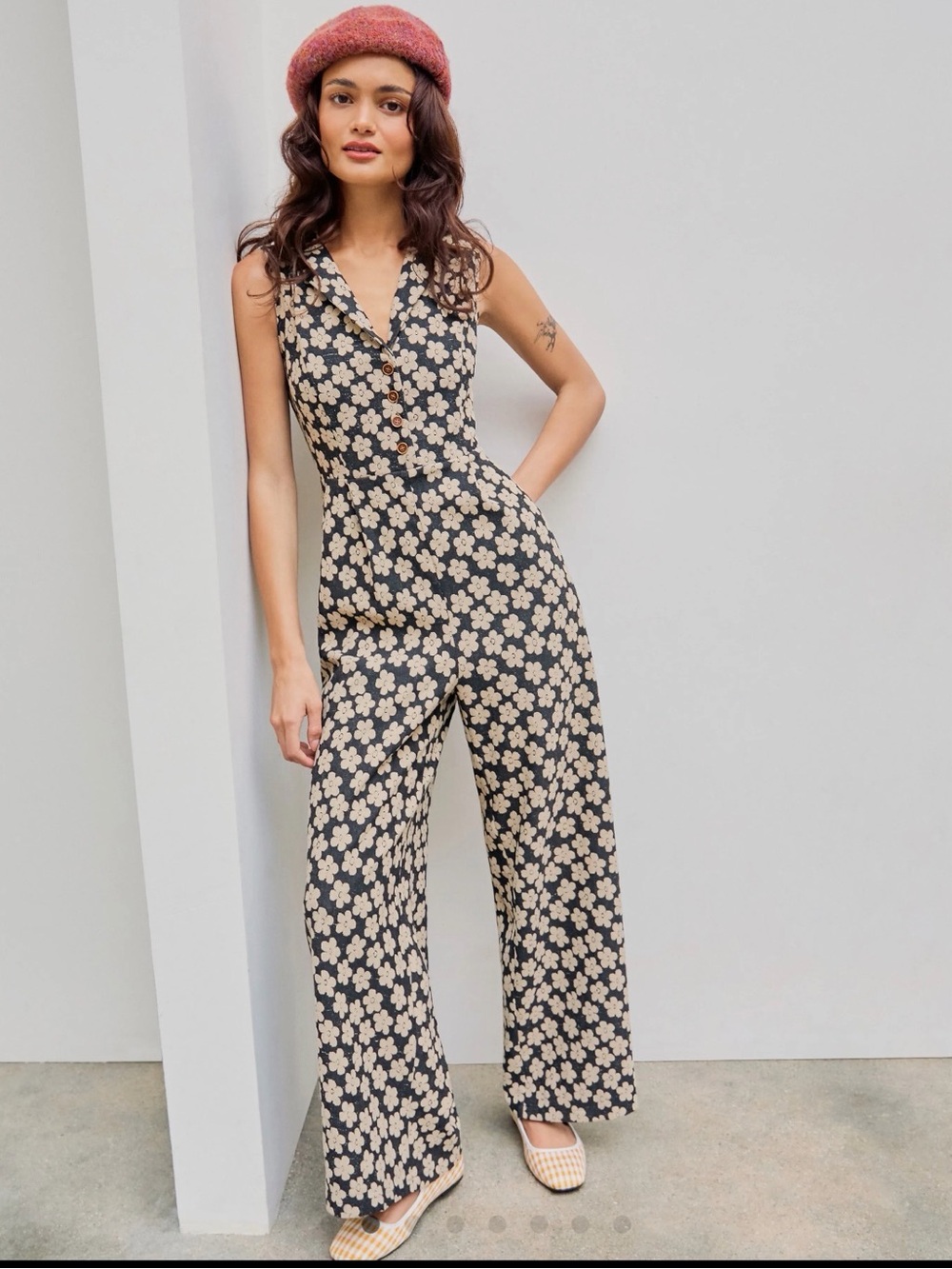 Floral Button-Front Wide-Leg Jumpsuit in Black & Cream